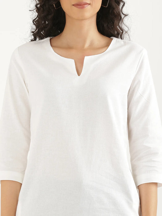 Women White Airy Linen Mid Thigh Length Kurta