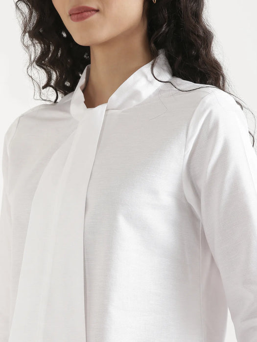 Women White Linen Blend Knot Blouse