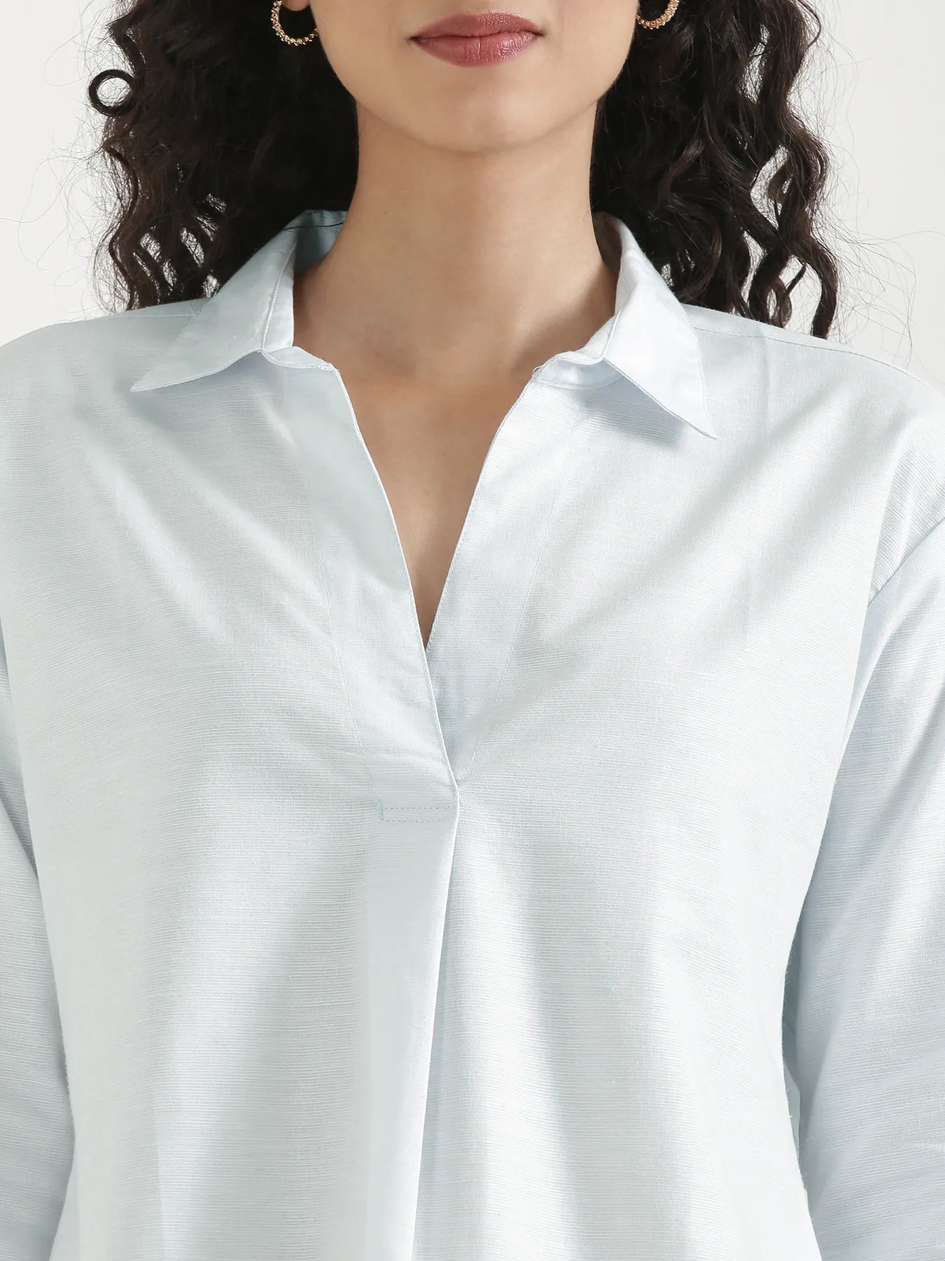 Women Powder Blue Linen Blend Pleated Top