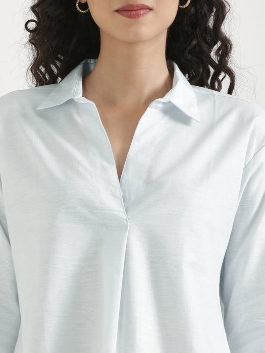 Women Powder Blue Linen Blend Pleated Top