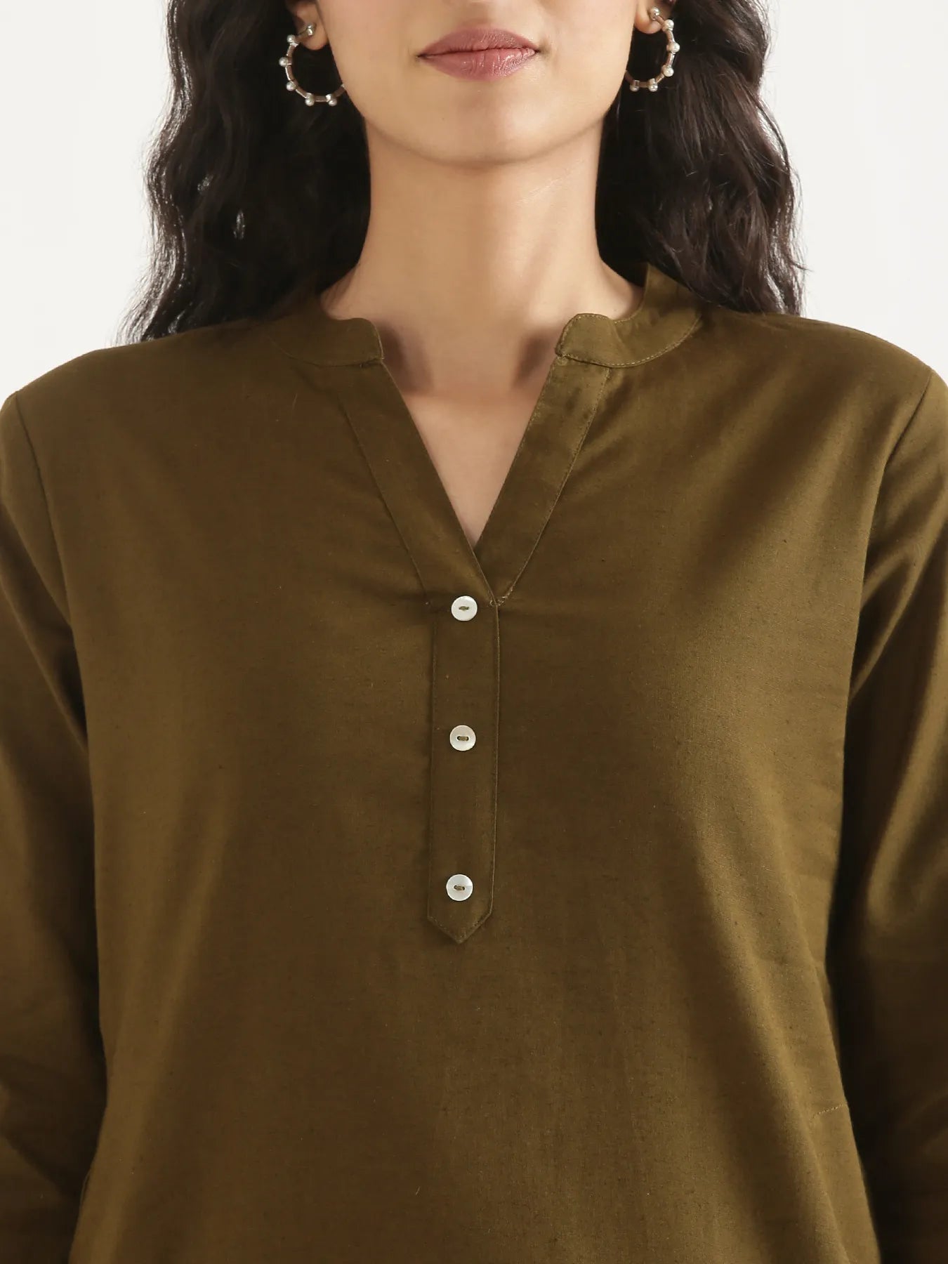 Women Olive Green Airy Linen Long Kurta & Cement Grey Cotton Pant Set