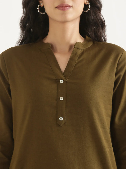 Women Olive Green Airy Linen Long Kurta & Cement Grey Cotton Pant Set