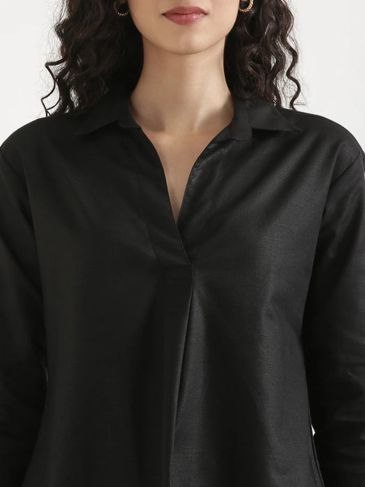 Women Black Linen Blend Pleated Top