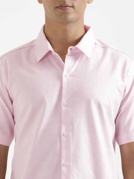 Men Blush Pink Linen Blend Short Sleeve Shirt