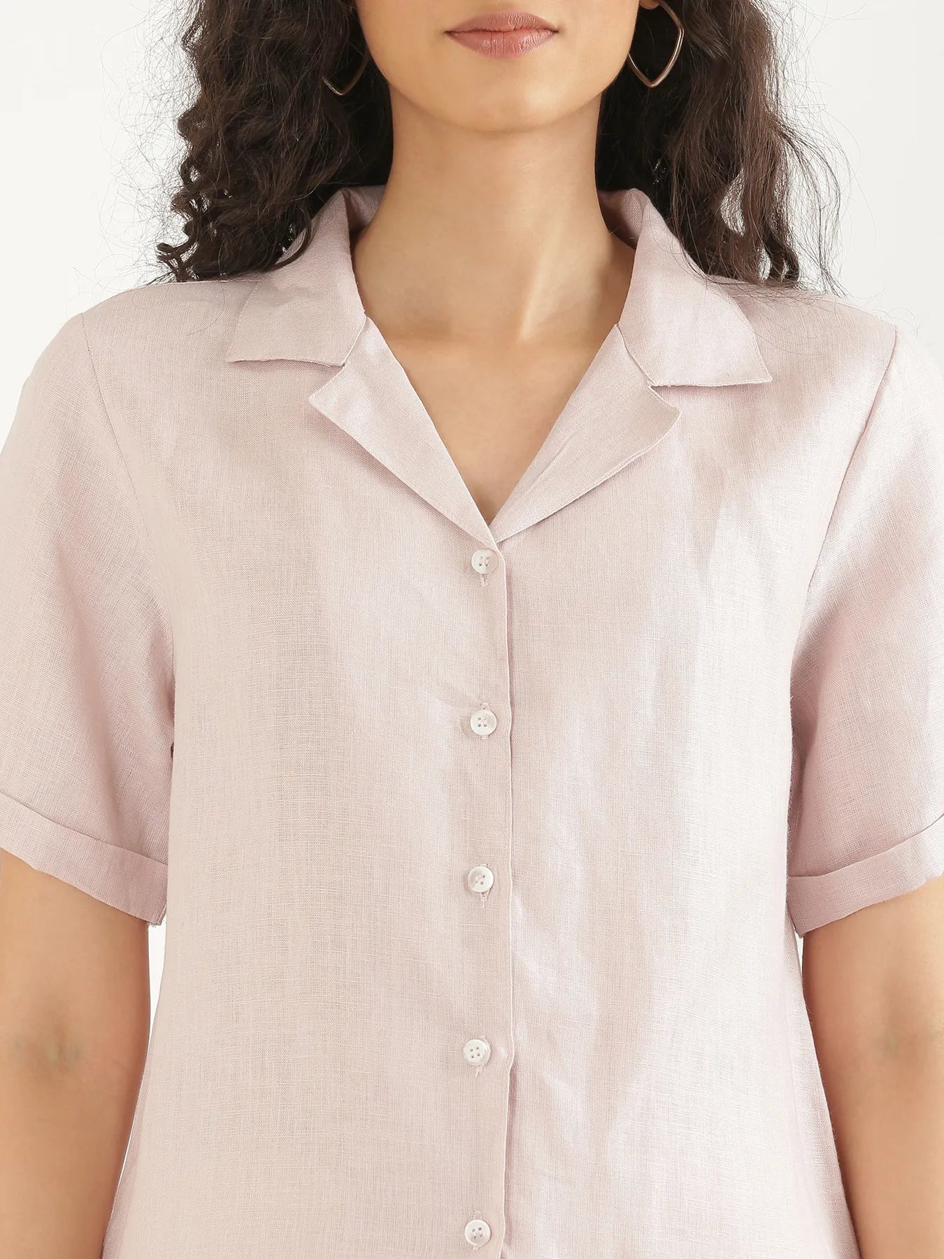 Women Light Pink Pure Linen Notch Collar Shirt