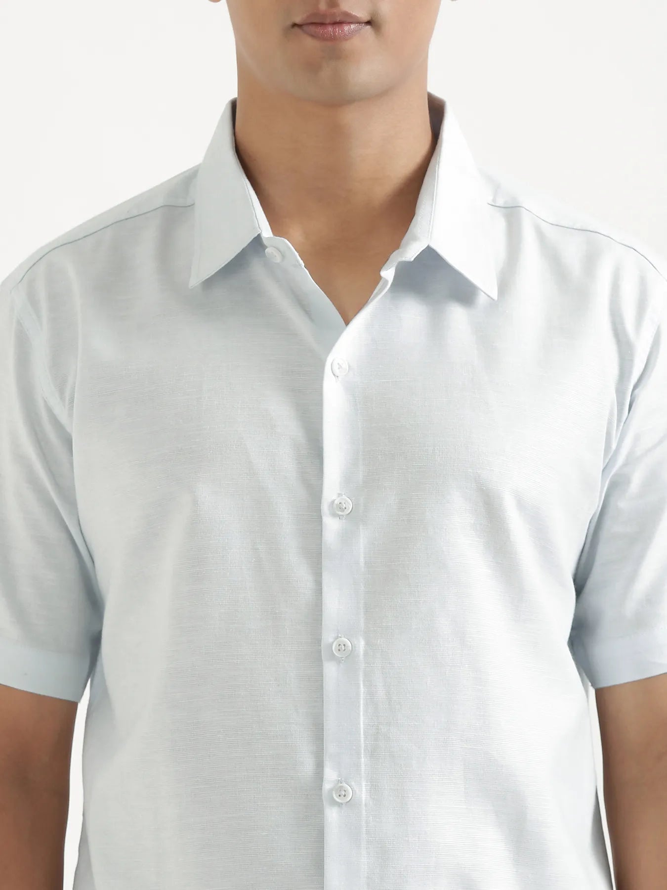 Men Powder Blue Linen Blend Short Sleeve Shirt & Beige Cotton Pant Set