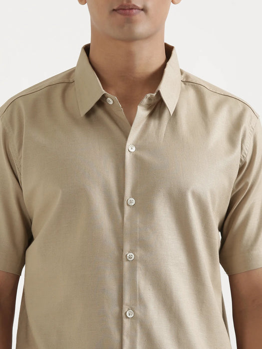 Men Taupe Linen Blend Short Sleeve Shirt