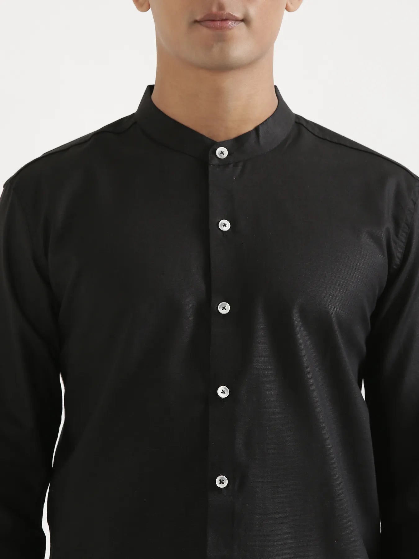 Men Black Linen Blend Mandarin Collar Shirt