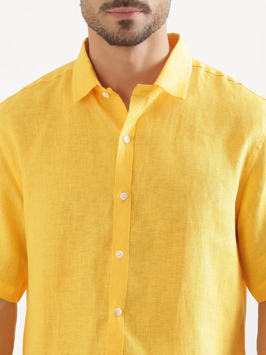 Men Mango Yellow 100% Linen Half Sleeve Shirt