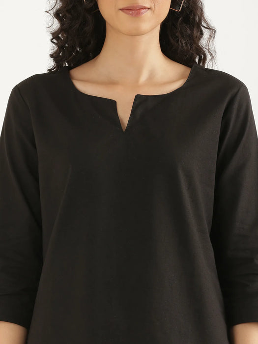 Women Black Airy Linen Split Neck Short Kurta