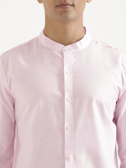 Men Blush Pink Linen Blend Mandarin Collar Shirt