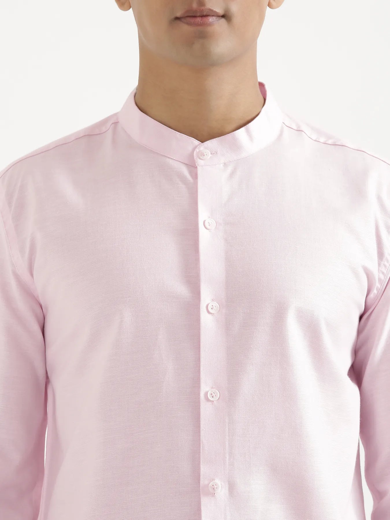 Men Blush Pink Linen Blend Mandarin Collar Shirt & White Cotton Pant Set