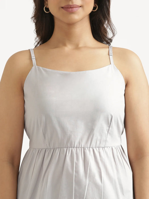 Women Light Grey Better Cotton Peplum Top & Navy Blue Airy Linen Straight Pant