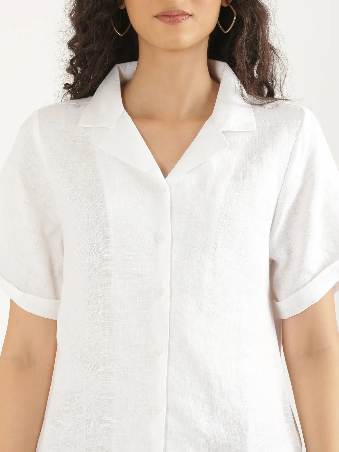 Women White Pure Linen Notch Collar Shirt