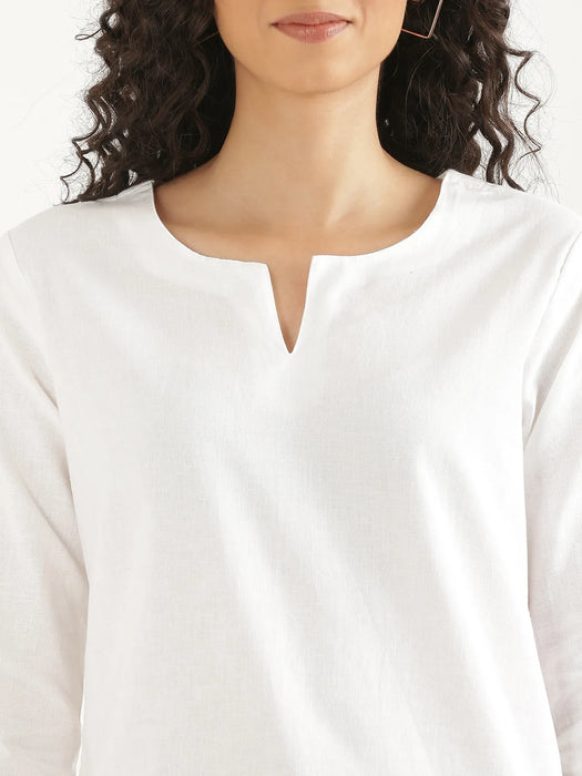 Women White Airy Linen Split Neck Short Kurta