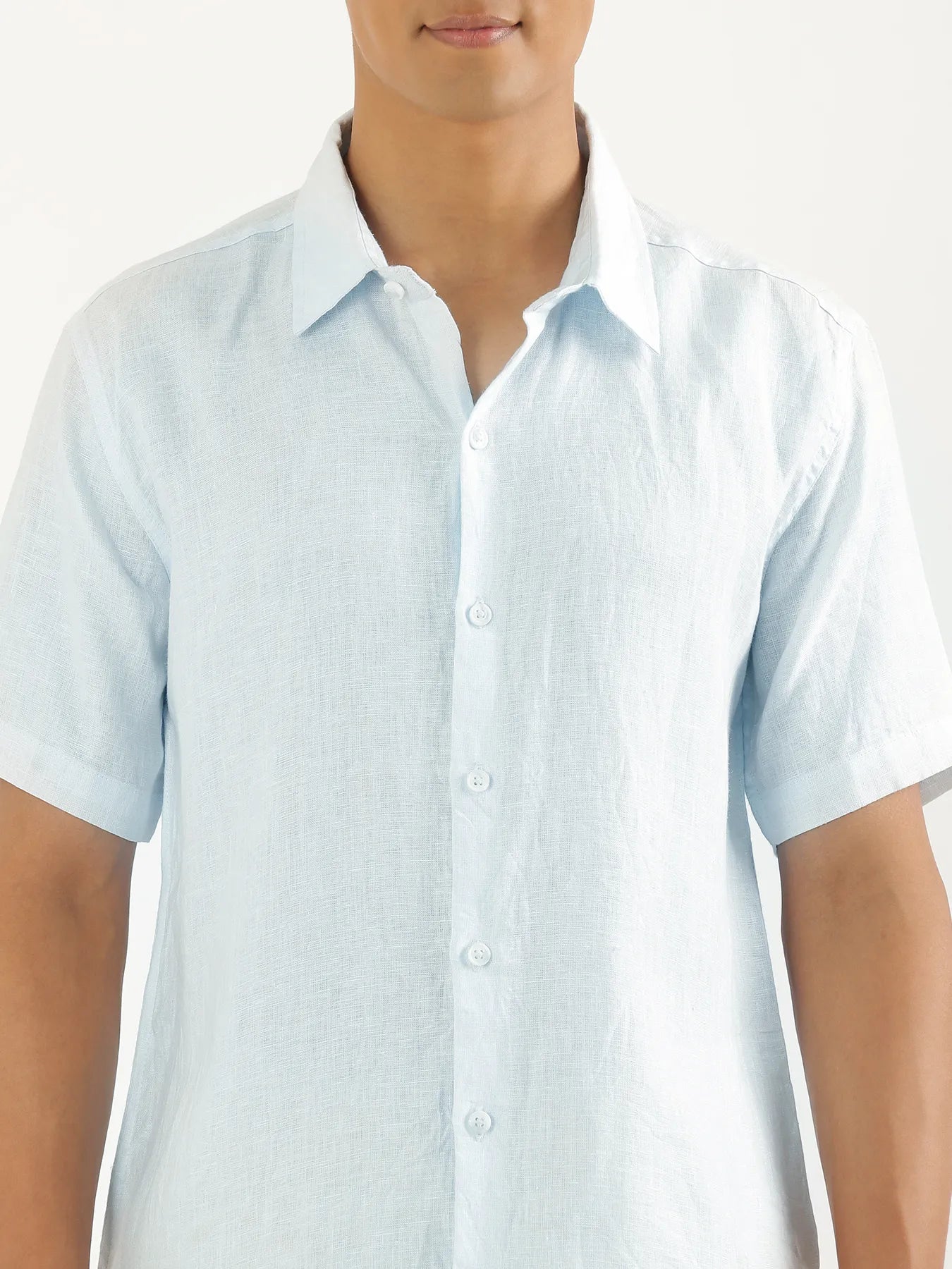 Men Light Blue Pure Linen Short Sleeve Shirt