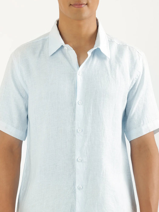 Men Light Blue Pure Linen Short Sleeve Shirt