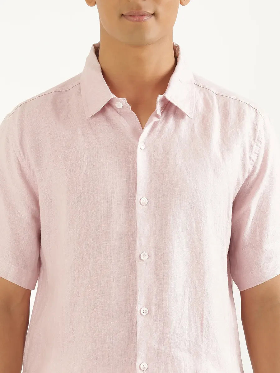 Men White Linen Blend Pant & Light Pink Pure Linen Short Sleeve Shirt