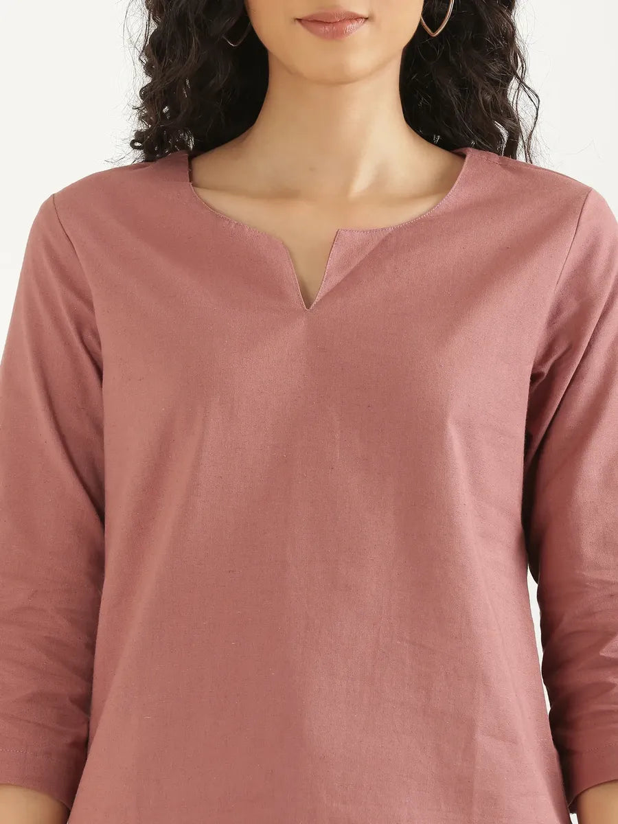 Women Rose Taupe Airy Linen Split Neck Short Kurta