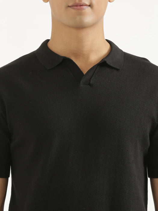 Men Black Flat Knit Collared T-shirt
