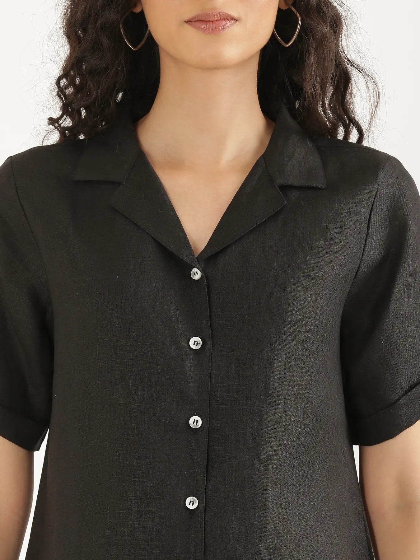 Women Black Pure Linen Notch Collar Shirt