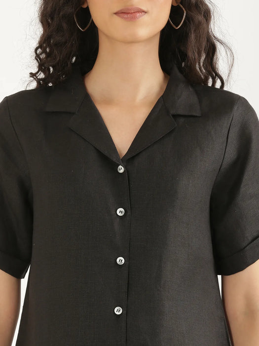 Women Black Pure Linen Notch Collar Shirt