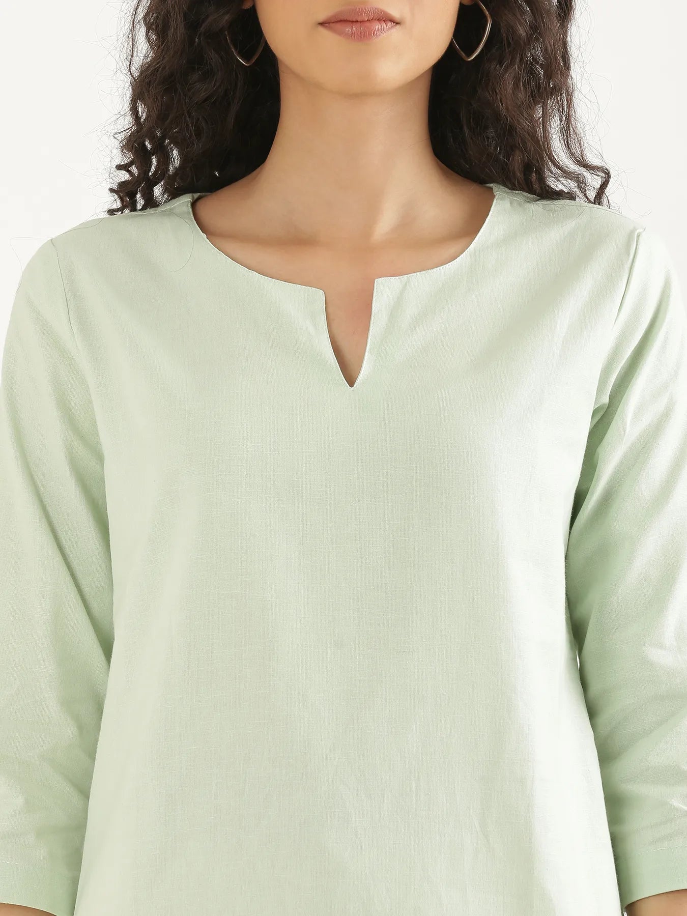 Women Mint Green Airy Linen Split Neck Short Kurta