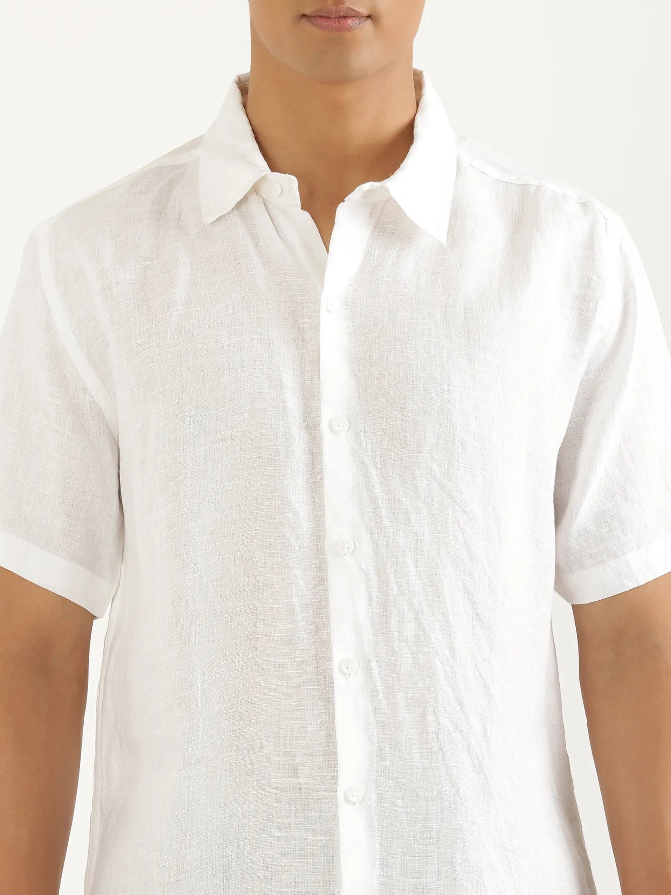 Men White Pure Linen Short Sleeve Shirt