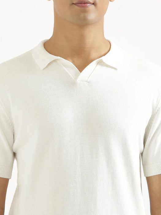 Men Off White Flat Knit Collared T-shirt