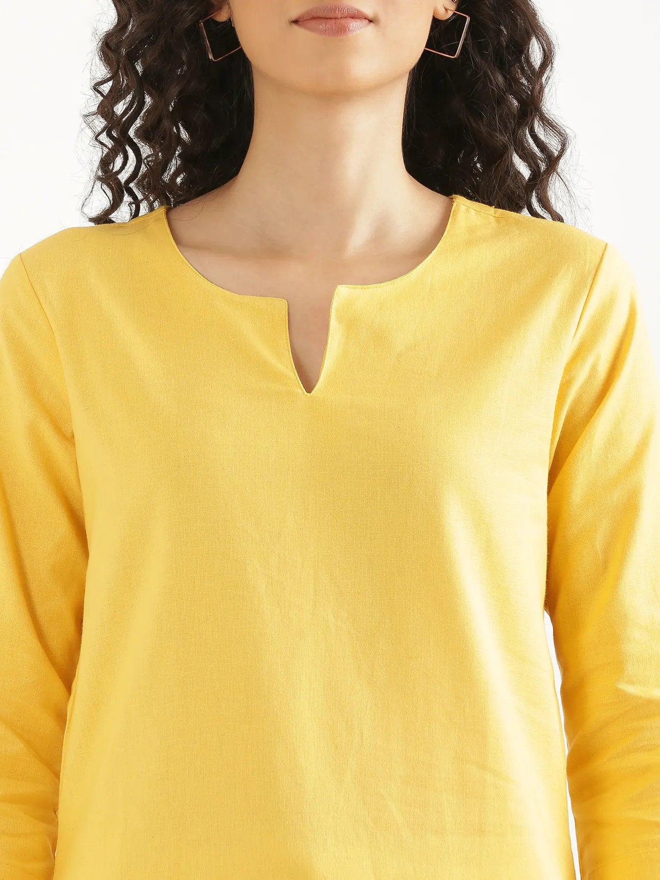 Women Yellow Airy Linen Split Neck Short Kurta