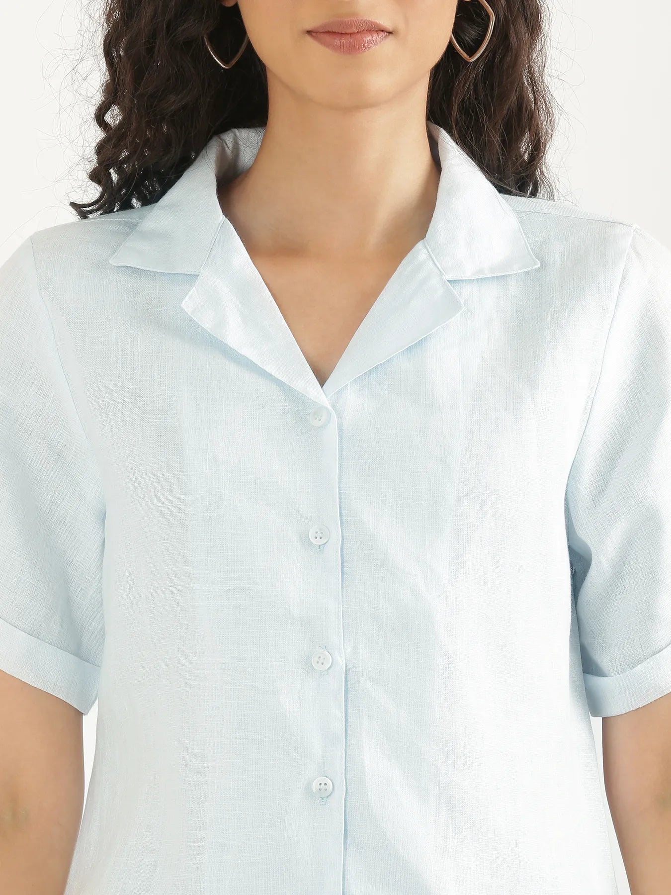 Women Light Blue Pure Linen Notch Collar Shirt