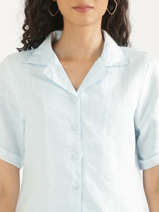 Women Light Blue Pure Linen Notch Collar Shirt