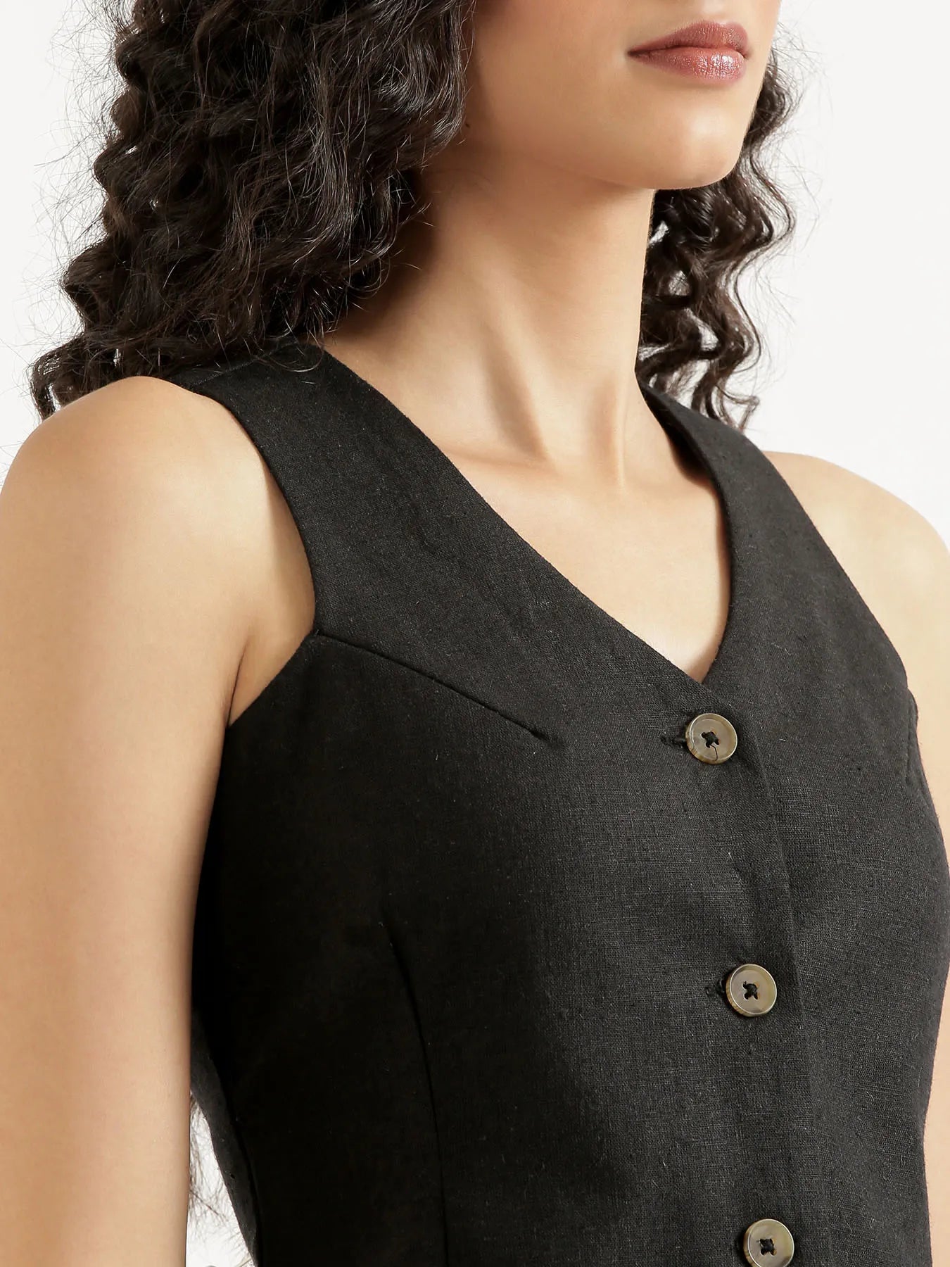 Women Black Linen Blend Waist Coat