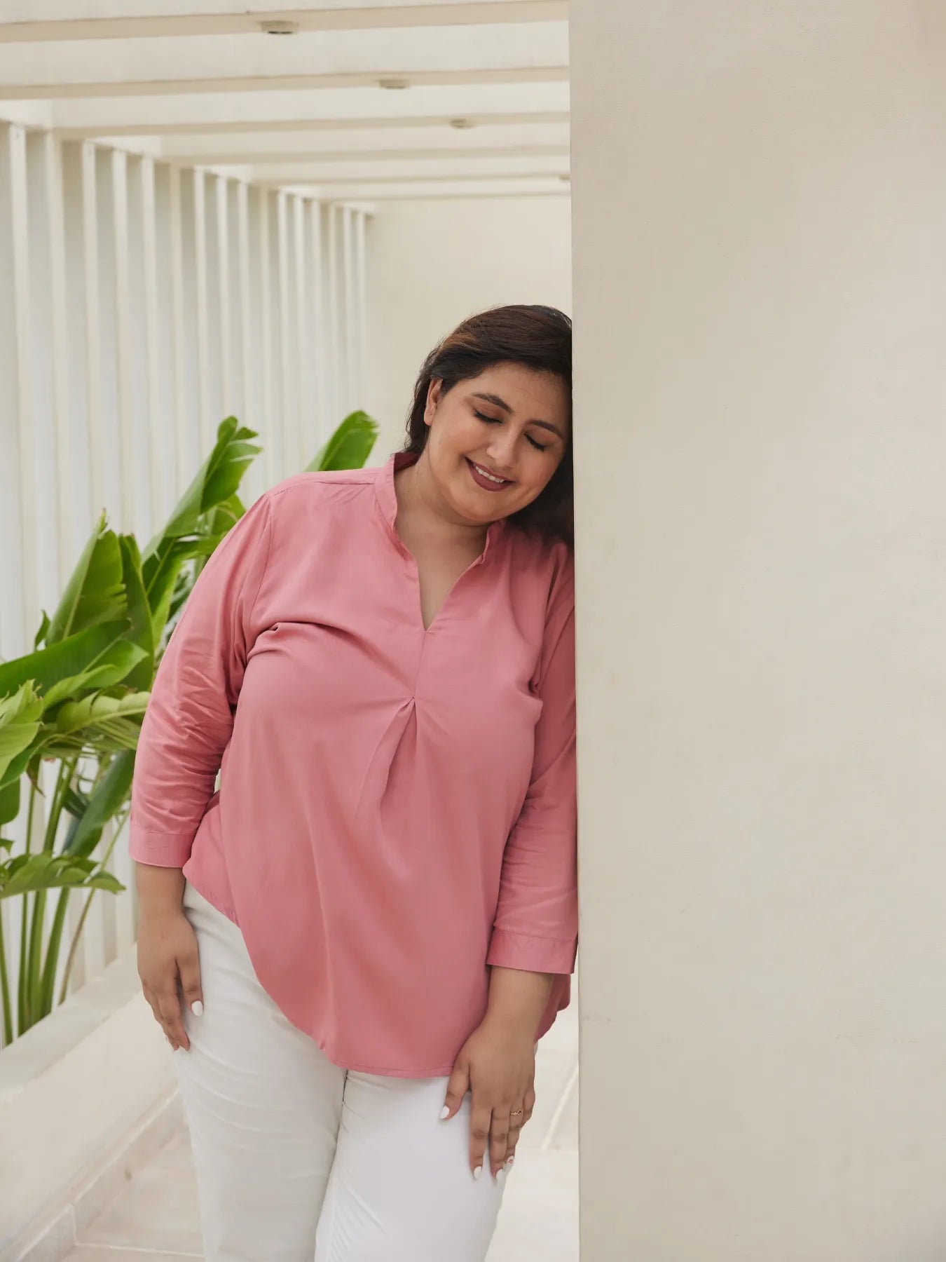 Women Plus Size Rose Viscose Pleated Top