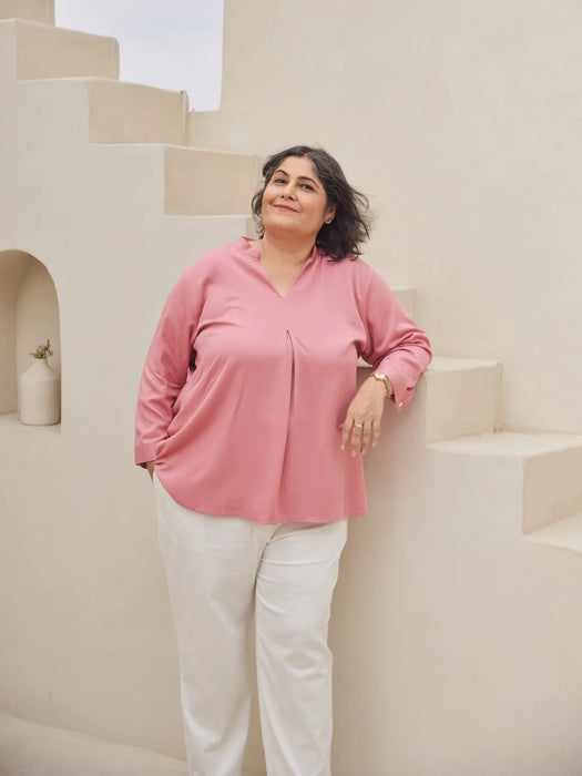 Women Plus Size Rose Viscose Pleated Top