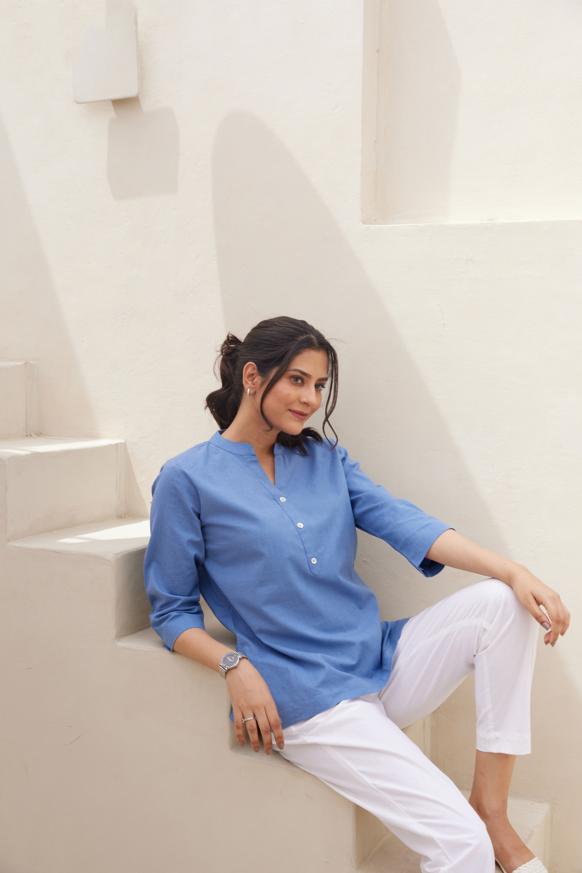 English Airy Linen Short Kurta and White Cotton Pant