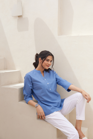 English Airy Linen Short Kurta and White Cotton Pant