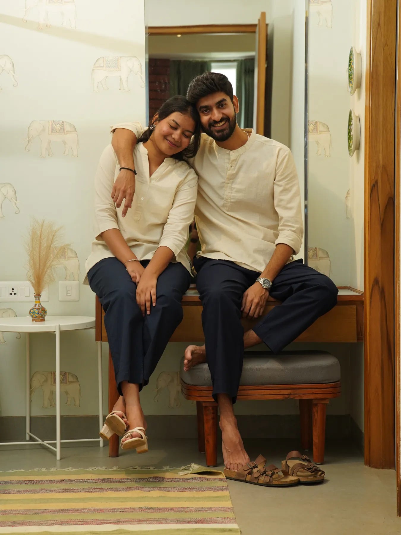 Couple Ecru Short Kurta Combo