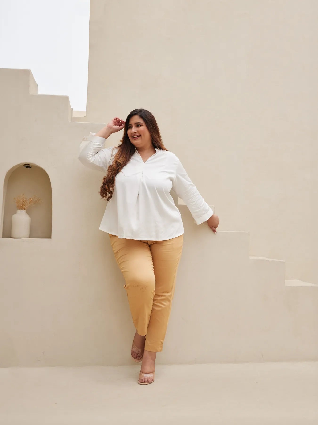 Women Plus Size White Viscose Pleated Top