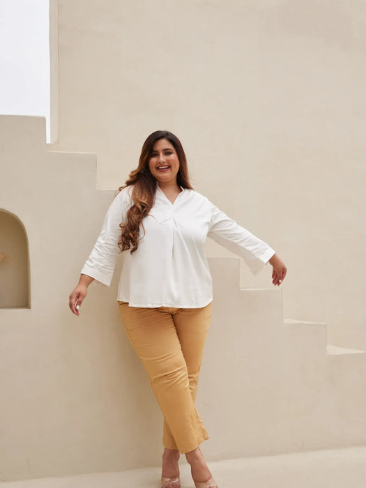 Women Plus Size White Viscose Pleated Top