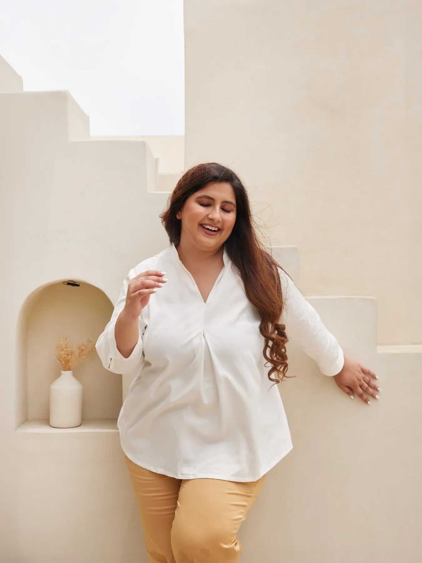 Women Plus Size White Viscose Pleated Top