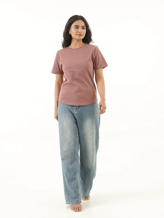Women Rose Taupe Round Neck T-shirt
