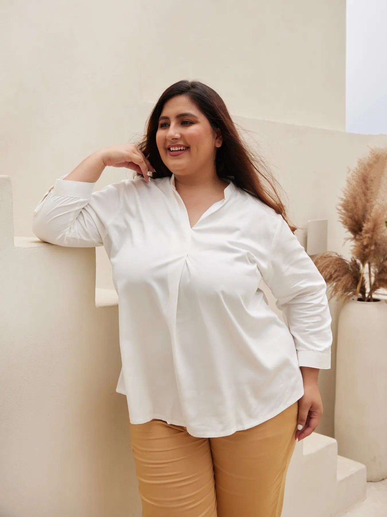 Women Plus Size White Viscose Pleated Top