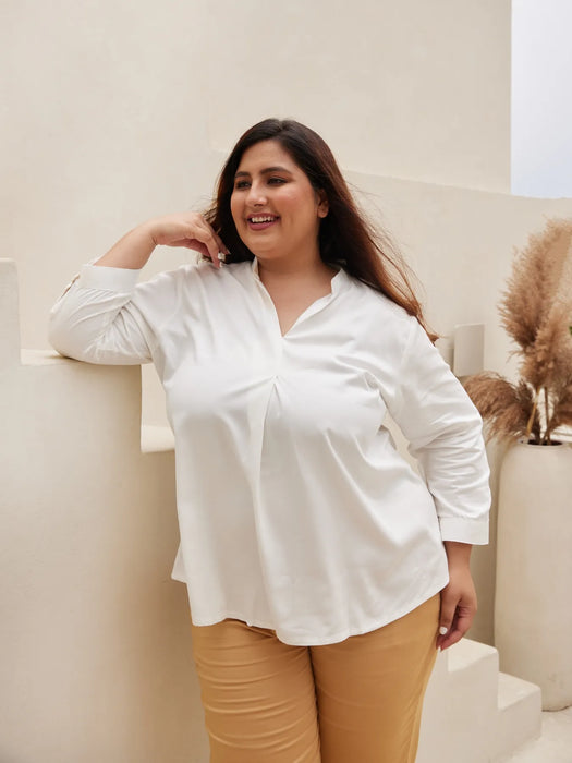 Women Plus Size White Viscose Pleated Top
