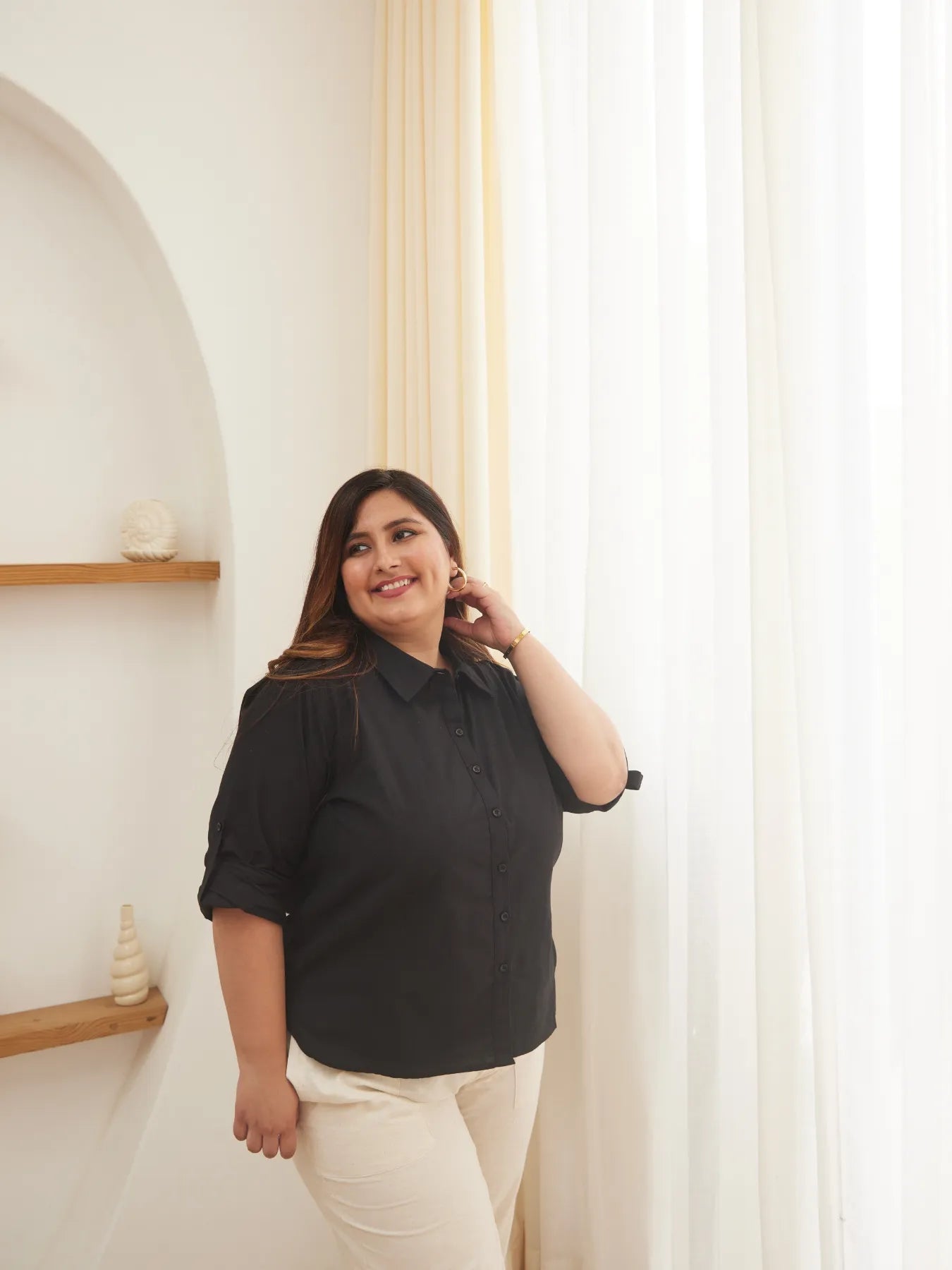 Women Plus Size Black Airy-Linen Shirt
