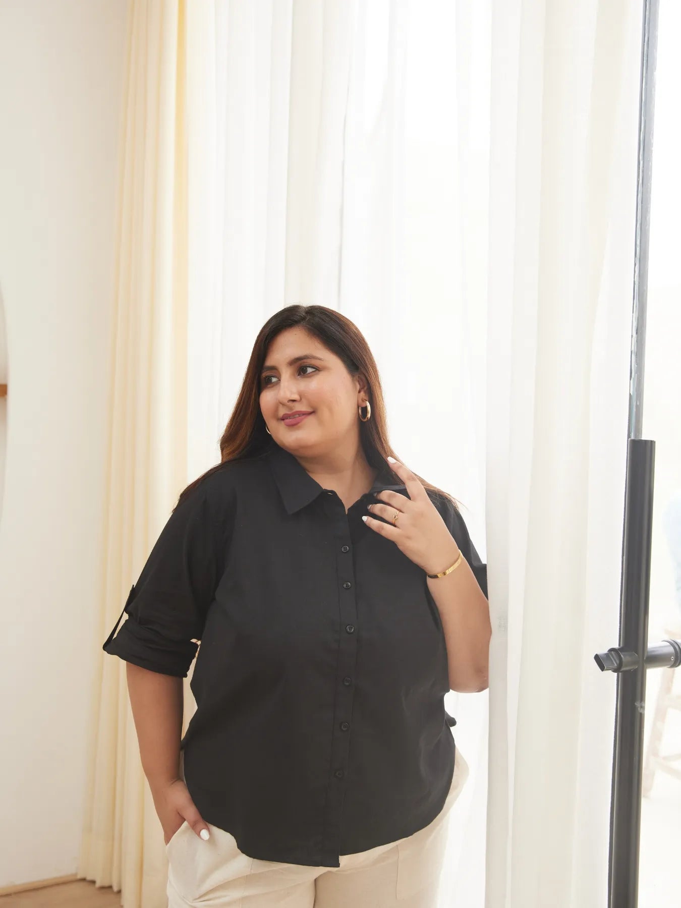 Women Plus Size Black Airy-Linen Shirt