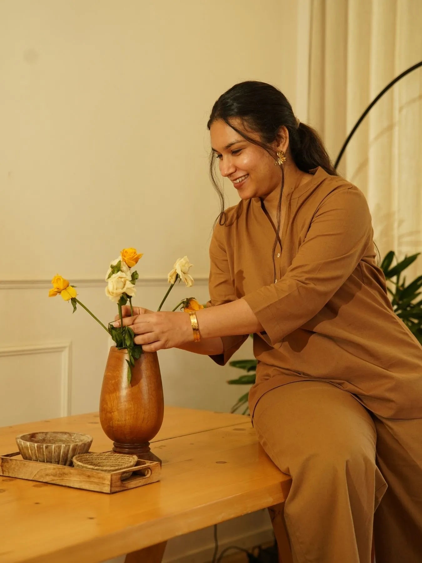 Coffee Brown Airy Linen Short Kurta Co-ord Set