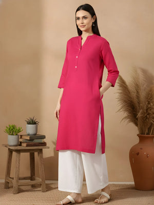 Women Hot Pink Airy Linen Long Kurta & White Viscose Palazzo Pant Set