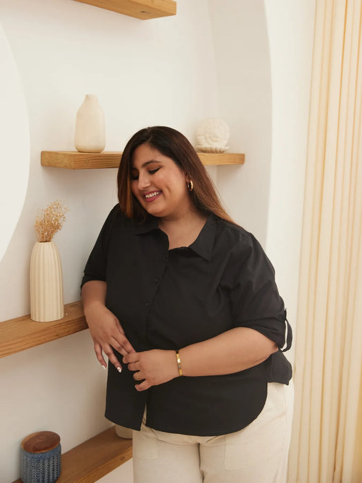 Women Plus Size Black Airy-Linen Shirt