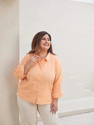 Women Plus Size Peach Airy-Linen Shirt